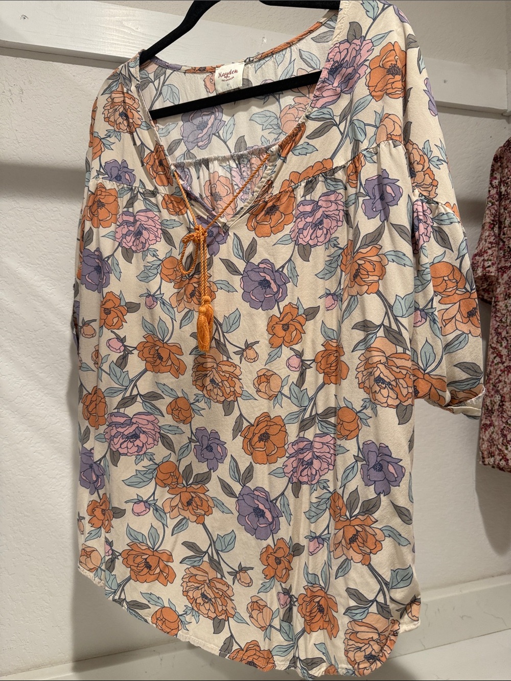 Knox Rose Cream Floral Peasant Tunic with Orange & Lavender Blooms
